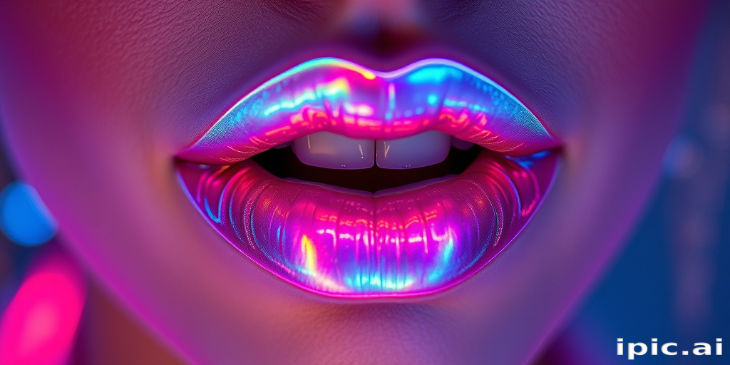 Ethereal holographic lips with iridescent pigments, shifting colors as light moves across them, captured in a futuristic and avant-garde beauty shot