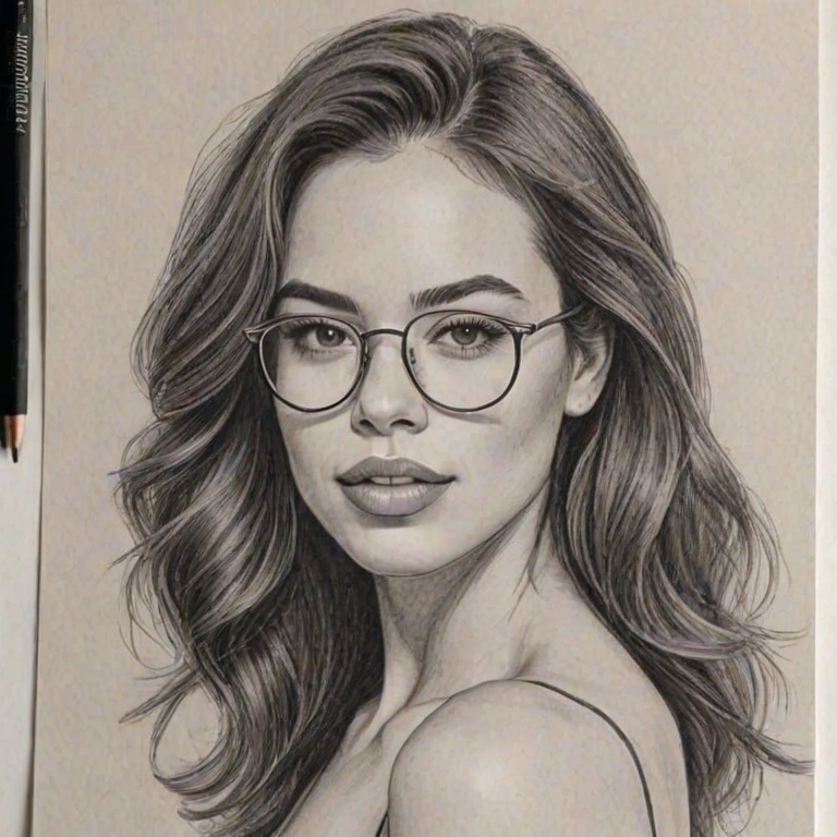 Beauteous Chloe Bridges, pencil sketch, portrait of Beauteous woman 1979s in glasses, hair style beatnik, outline, clear lines, fine lines, 8k