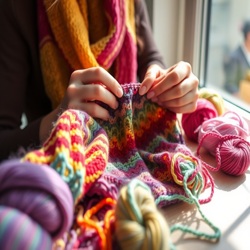 Close-up of a woman’s hands skillfully knitting a colorful scarf, surrounded by vibrant skeins of yarn, with sunlight streaming through a nearby window, casting playful shadows on the table.
