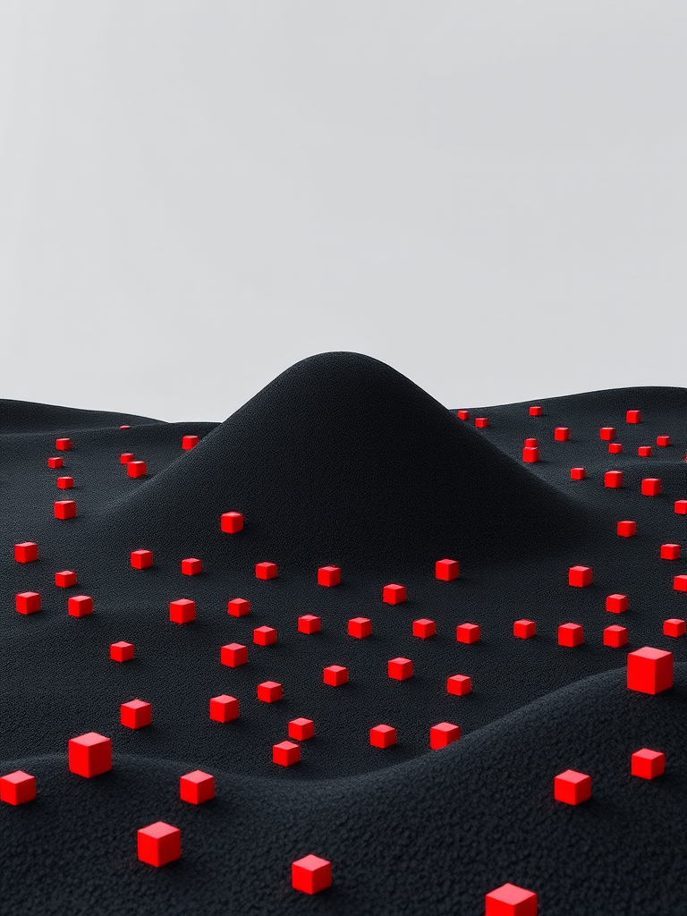 Create a high-resolution abstract image of a black cubic landscape with a prominent black mound, featuring scattered red cubes, captured with a Canon EOS R5, 50mm lens, f/8 aperture, ISO 100, and a slight tilt-shift effect for depth.