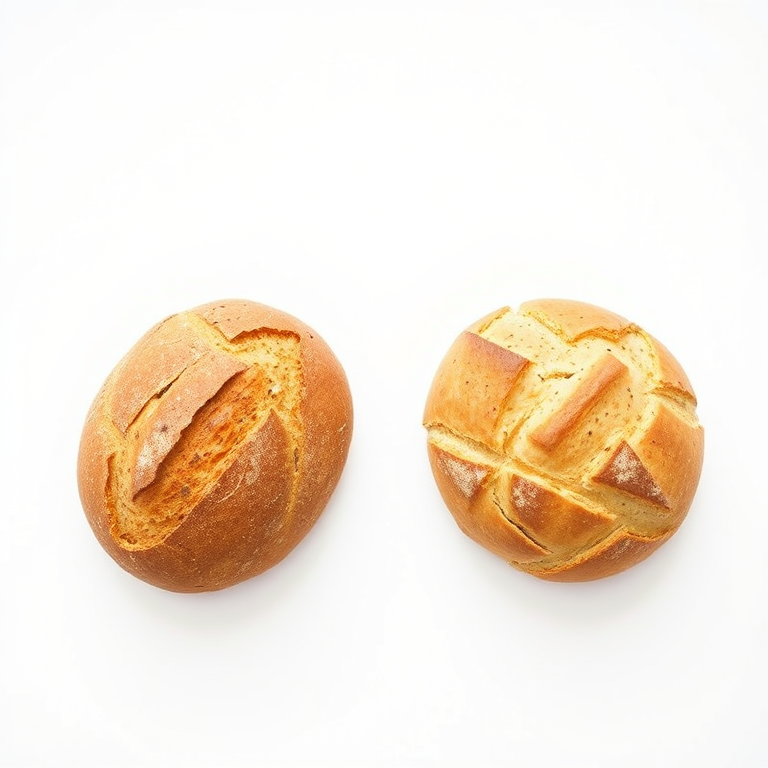 Create a high-resolution image of two types of loaves of bread displayed side by side on a clean white background with a soft focus, using a DSLR camera, aperture f/2.8, ISO 100, 50mm lens, natural lighting, and top-down view.
