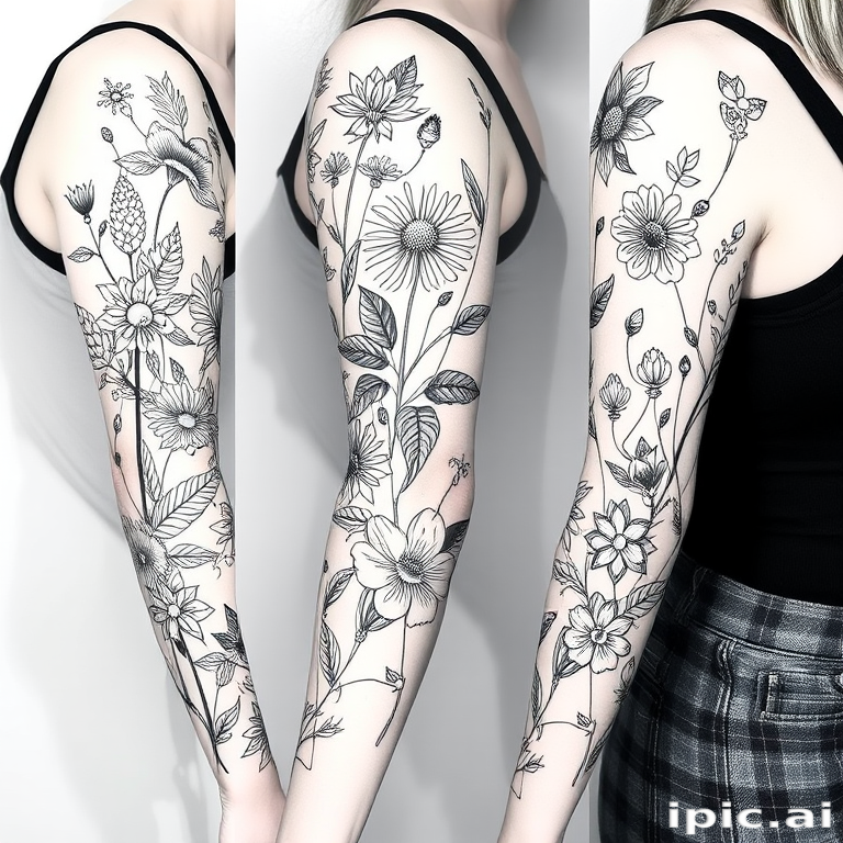 Botanical blackwork tattoo sleeve, showcasing intricate floral and plant designs with varying line weights and negative space to create depth and visual interest