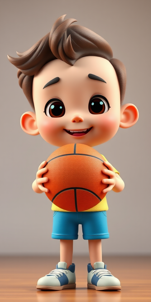Create a high-resolution 3D render of a cheerful cartoon boy holding a basketball, front view, soft lighting, 85mm lens, f/2.8 aperture, ISO 100, using a digital camera with high dynamic range.