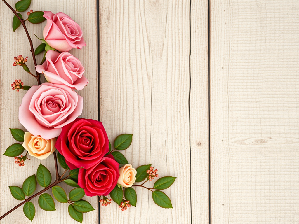 Create a vintage floral border design with pink, red, and cream roses on a textured wooden background, using a high-resolution DSLR camera, 50mm lens, f/2.8 aperture, 1/125 sec shutter speed, and soft diffused natural light.