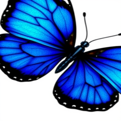 Create an image of a butterfly with vibrant blue wings and black edges. The butterfly should be depicted with its wings spread wide, showcasing the intricate patterns and colors. The background should be plain to emphasize the beauty of the butterfly.