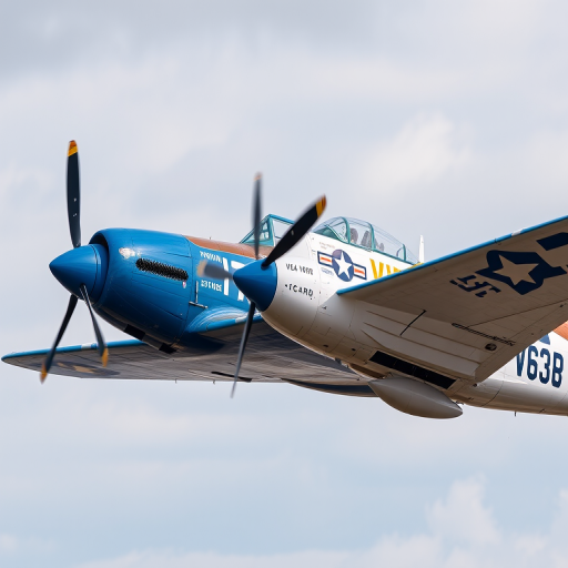 Create a high-resolution image of a vintage military aircraft in a side view, featuring two planes in blue and white color schemes with V48 and V38 markings, using a DSLR camera with a 50mm lens, f/2.8 aperture, 1/500s shutter speed, and ISO 100 for sharp detail and vibrant colors.