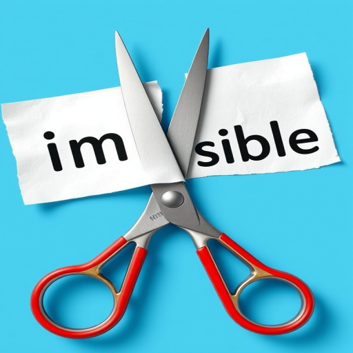 Create a digital illustration of scissors cutting through a piece of paper that reads "im" on one side and "possible" on the other side, with a bright blue background, using a DSLR camera, aperture f/2.8, ISO 100, and a 50mm lens for sharp focus and vibrant colors.