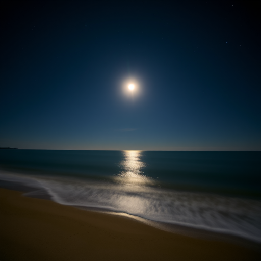 Capture a serene night landscape with a full moon reflecting on a calm ocean, soft glow illuminating the shoreline, clear starry sky, shot with a DSLR camera using a 24mm lens at f/8, ISO 400, 30-second exposure, tripod-mounted for stability, wide-angle view.
