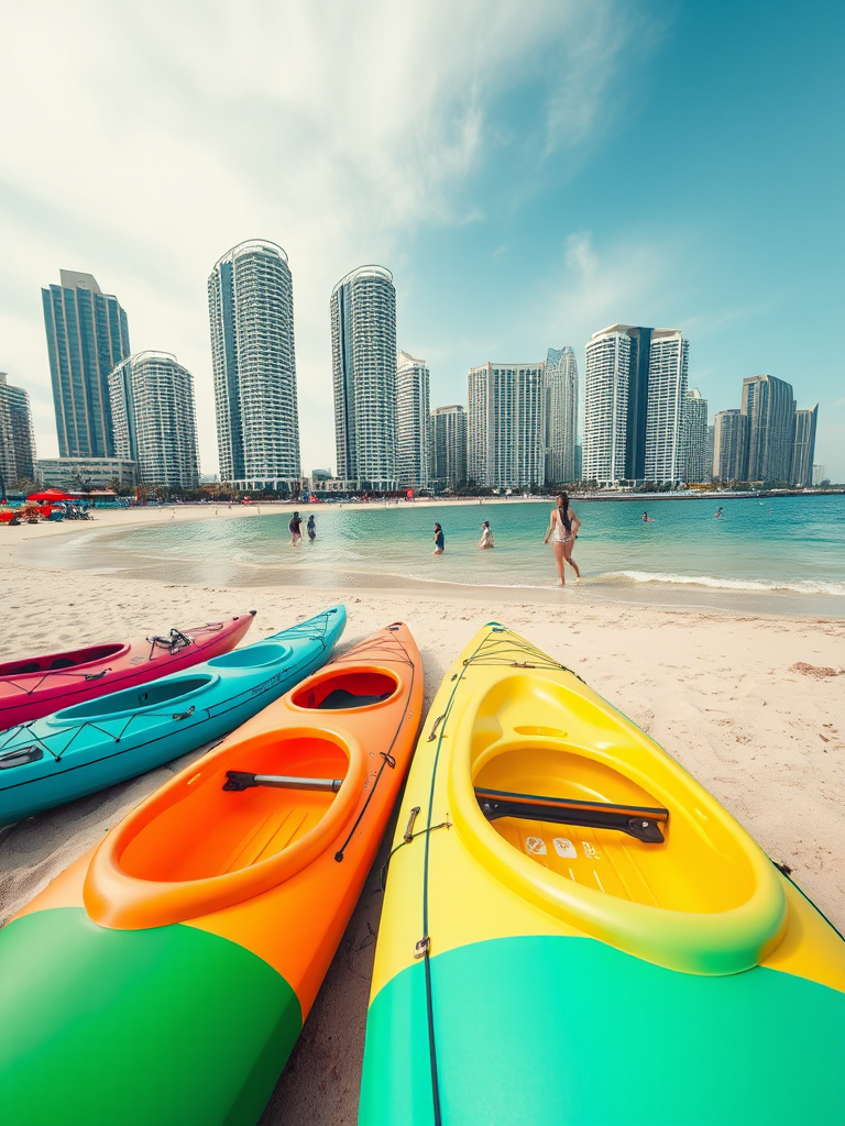 Capture a vibrant seaside scene with colorful kayaks lined up on a sandy beach, modern skyscrapers in the background, shot with a Canon EOS R5, 35mm lens, aperture f/8, ISO 100, shutter speed 1/250s, natural light, wide-angle view for depth and clarity.