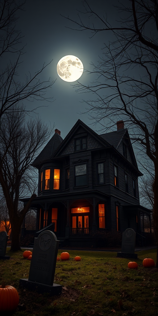 Create a spooky scene of a haunted Victorian house at night with a full moon illuminating the sky, surrounded by barren trees, pumpkin patches, and gravestones, using a DSLR camera with a 24mm lens, aperture f/2.8, ISO 400, long exposure for dramatic lighting, and a low angle view to emphasize the eerie atmosphere.