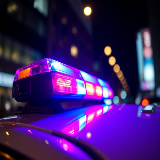Capture a nighttime close-up of a police car's light bar with vibrant red and blue lights flashing, shallow depth of field, ISO 800, aperture f/2.8, 50mm lens, shot from a low angle to emphasize the lights against a blurred cityscape background.