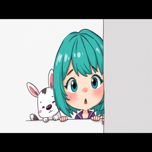 A whimsical illustration featuring a surprised girl with teal hair and two playful cartoon animals peeking around a corner, set against a soft gray background, captured with a DSLR camera at f/4, ISO 100, 1/125s, in a portrait orientation and a bright, cheerful style.