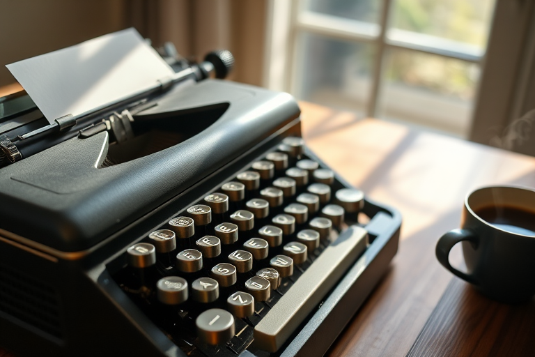 Close-up of a vintage typewriter on a wooden desk, soft natural light from a nearby window casting shadows on the keys, with an unfinished letter in the carriage and a steaming cup of coffee nearby.