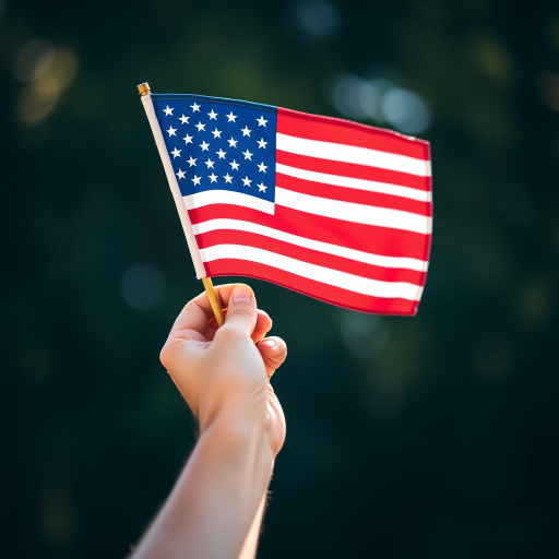 Generate an image of a hand holding the American flag, using a DSLR camera with a 50mm lens, f/2.8 aperture, ISO 100, natural light, and a shallow depth of field for enhanced clarity and color contrast.