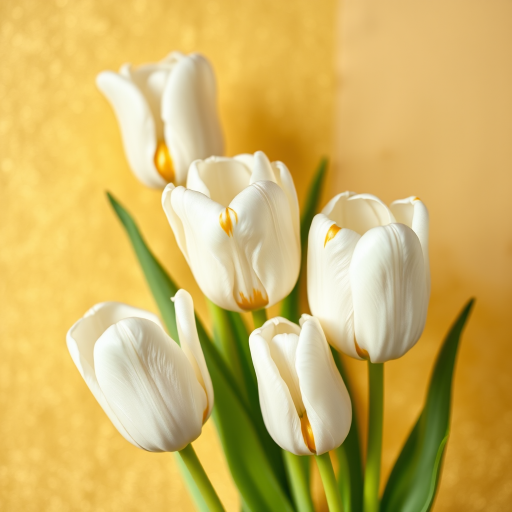 high-resolution image of white tulips with golden accents against a textured gold and beige background, captured with a Canon EOS R5, 50mm lens, f/1.8 aperture, ISO 100, natural light, soft focus effect, macro photography style