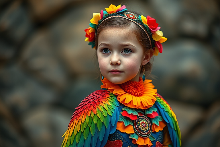 A beautiful Eurasian girl, wearing colorful bird clothing with vibrant colors