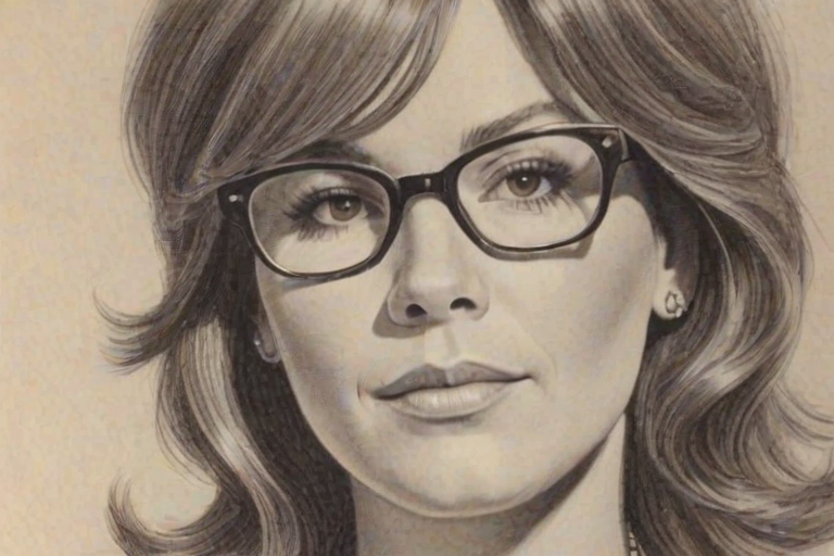 Ravishing Marsha Gay Harden, pencil sketch, portrait of Lovely woman 1967s in glasses, hair style beatnik, outline, clear lines, fine lines, 8k