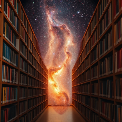 Create a surreal image of an expansive galaxy emerging from a library bookshelf with a warm brown and orange background, using a DSLR camera at f/2.8 aperture, 50mm lens, ISO 100, and 1/125 sec shutter speed, in a high dynamic range style for enhanced color depth.