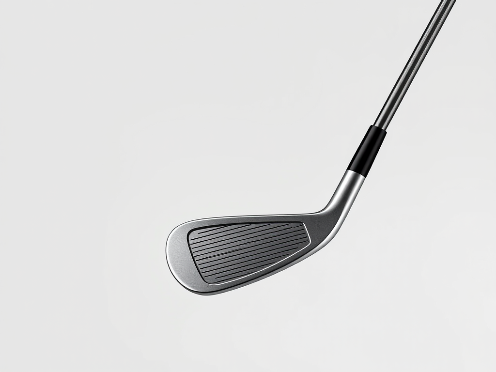 Create a detailed illustration of a golf club against a simple background, capturing its sleek design with a focus on the club head and shaft, using a DSLR camera with a 50mm lens, aperture set to f/2.8 for a shallow depth of field, ISO 100 for high clarity, and a natural lighting setup to enhance reflections and textures.