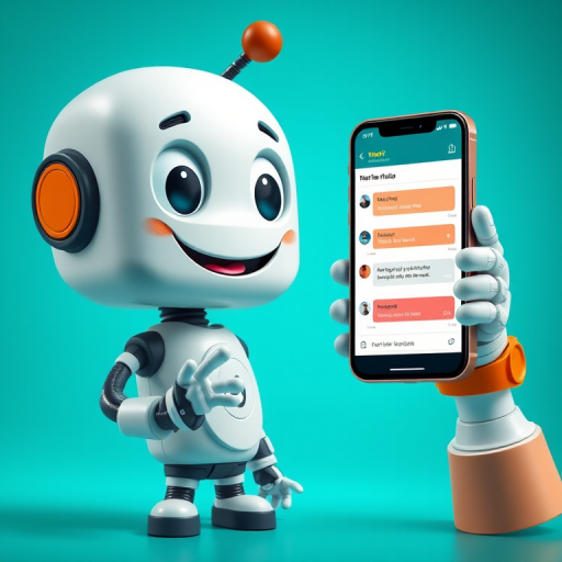 A cartoon robot character with a friendly expression gesturing towards a smartphone displaying a chat interface, in a vibrant teal background, captured with a DSLR camera, f/5.6 aperture, ISO 200, 24mm lens, high contrast, and bright colors.