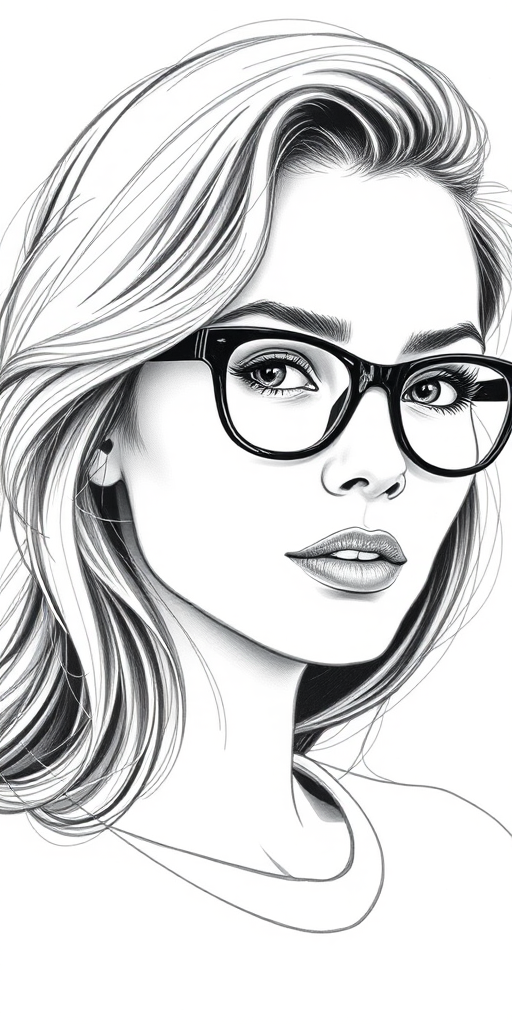 Beautiful Natalie Portman, pencil sketch, portrait of beautiful woman 60s in glasses, hair style beatnik, outline, clear lines, fine lines, 8k