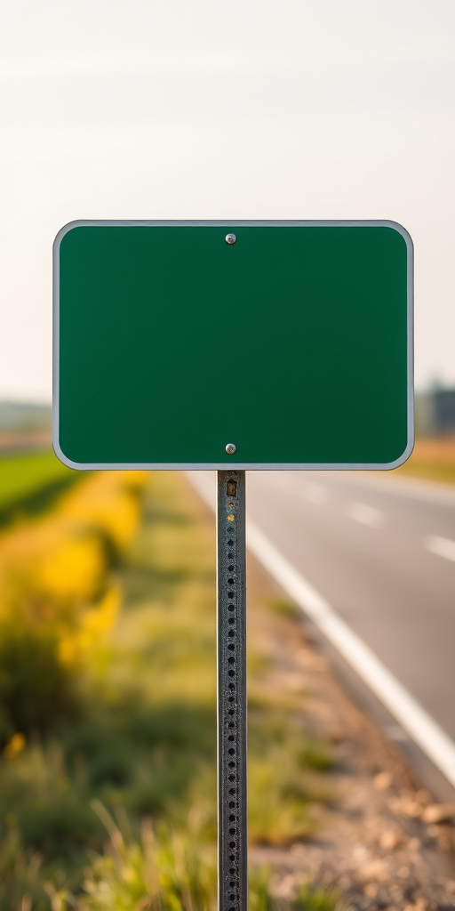 Generate an image of a blank green road sign with a clear background, using a DSLR camera with a 50mm lens, aperture set to f/2.8, ISO 100, and a shallow depth of field to enhance image quality.
