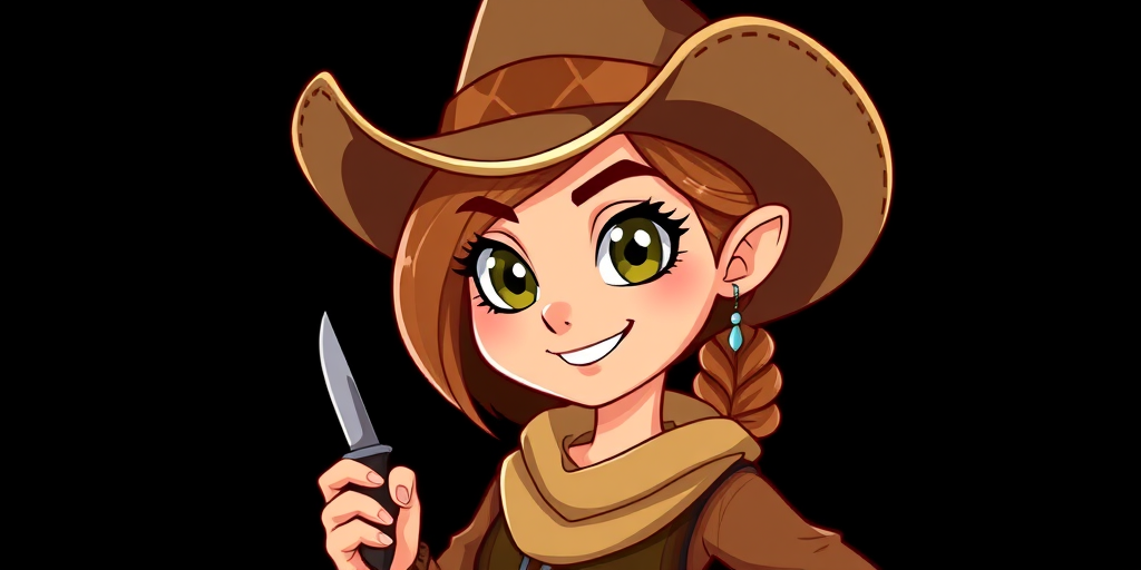 Create a detailed, vibrant cartoon character of a cowgirl with a stylish cowboy hat, confident expression, holding a small knife, wearing a brown outfit, against a plain black background, shot with a DSLR camera at f/2.8, ISO 100, 50mm lens, in a soft light setting to enhance colors and details.