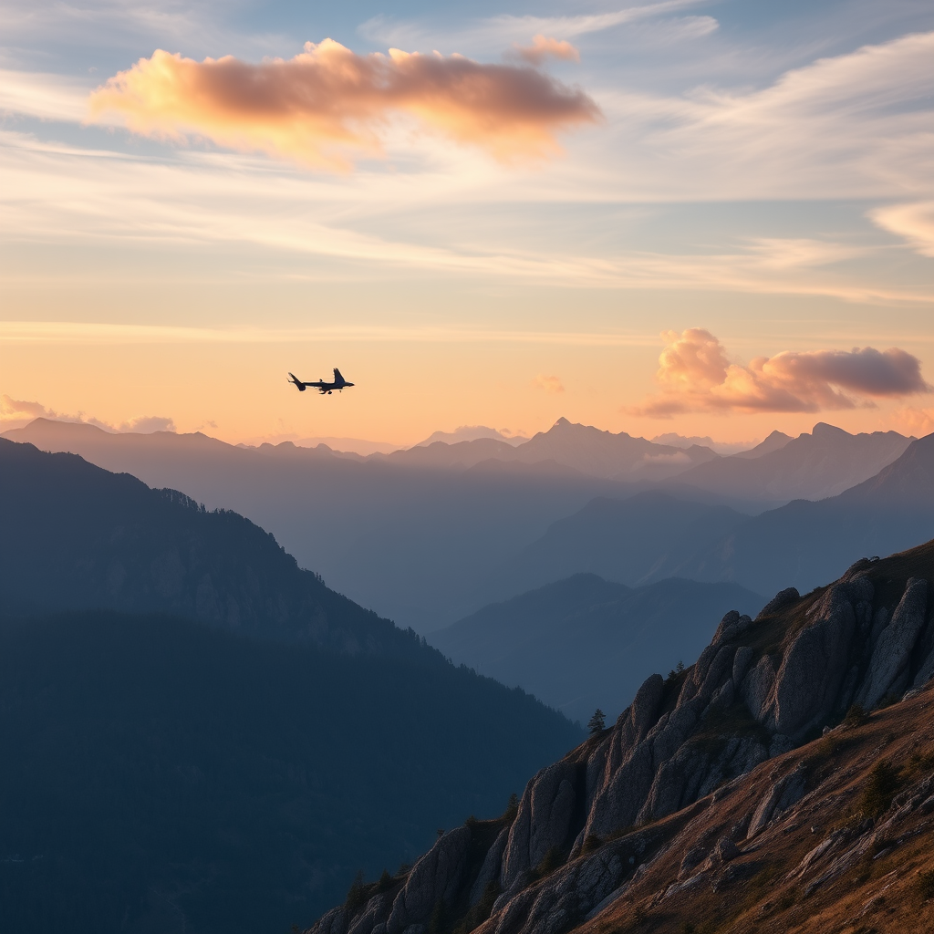 Create a high-resolution image of a serene mountain landscape at sunrise with soft clouds in the sky, using a Canon EOS R5 with a 24-70mm f/2.8 lens, aperture set to f/11, ISO 100, shutter speed 1/125s, captured from a wide-angle view for depth and clarity.