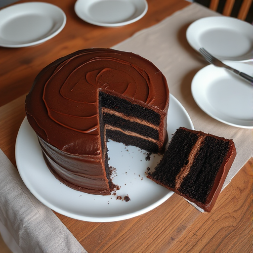 A delicious chocolate cake with smooth frosting sitting on a white plate with a slice removed revealing the chocolate layers inside, placed on a wooden table with a neutral tablecloth, surrounded by empty plates and cutlery.
