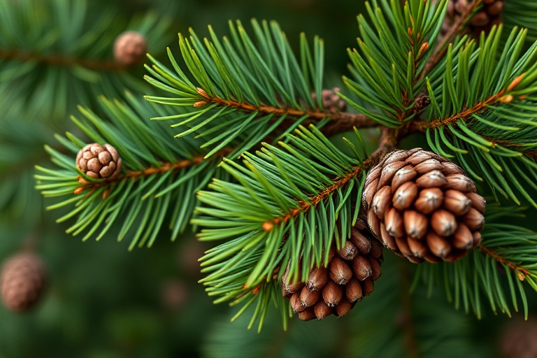 close-up shot of pine tree branches with pine cones and vibrant green needles, taken with a Canon EOS 5D Mark IV, 50mm lens, aperture f/2.8, ISO 100, natural light, shallow depth of field, macro photography style