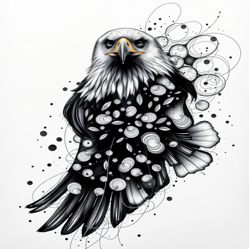 Create a high-resolution abstract illustration of an eagle with flowing ink lines and circular forms, using a DSLR camera with a 50mm lens, f/1.8 aperture, ISO 100, 1/250 sec shutter speed, top-down view for enhanced detail and sharpness.