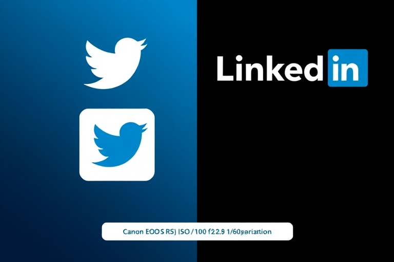 Create an image comparing Twitter and LinkedIn logos, using a professional design style with a dark gradient background, captured with a Canon EOS R5, ISO 100, f/2.8, 1/60s, high resolution to enhance clarity.