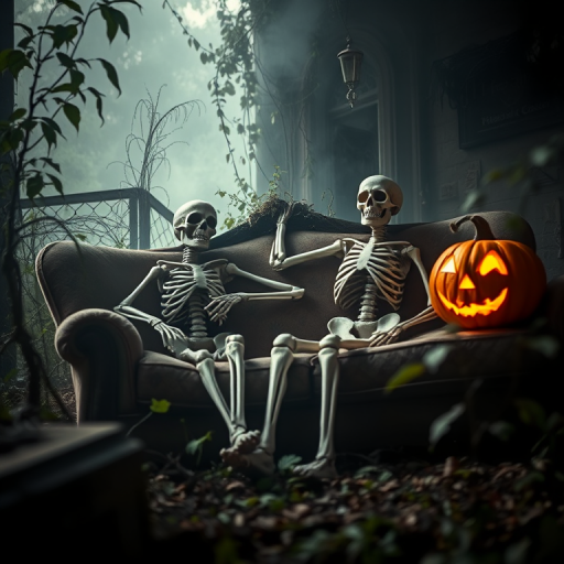 A spooky Halloween scene featuring a skeleton lounging on a weathered sofa beside a glowing jack-o'-lantern, surrounded by overgrown plants and misty atmosphere, captured with a DSLR camera at f/2.8, ISO 200, shutter speed 1/60s, in a soft-focus style from a low angle, using natural light to enhance the eerie effect.