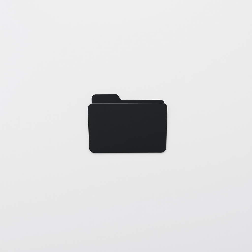 Create a high-resolution image of a simple black folder icon on a light gray background, shot with a DSLR camera at f/2.8 aperture, 50mm focal length, ISO 100, using a flat lay view and natural lighting for enhanced clarity and detail.