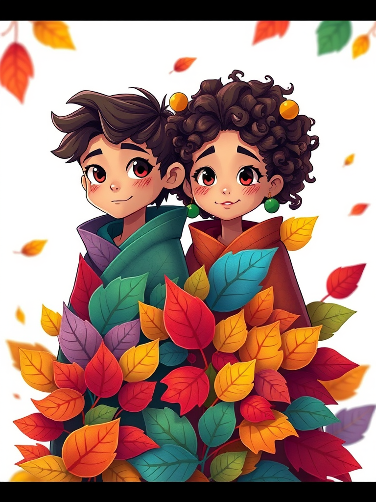 Create a colorful illustration of two cartoon-style characters, one with short wavy hair and the other with long curly hair, both wrapped in colorful leaves, shot with a Canon EOS R5, 50mm lens, f/1.8 aperture, ISO 100, in a well-lit studio environment to enhance image sharpness and vibrancy.