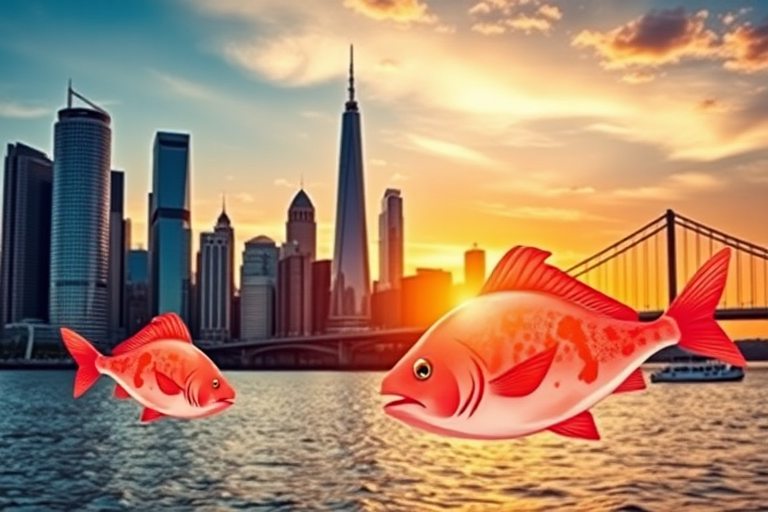 Create a vibrant city skyline at sunset featuring tall buildings and a bridge in the background with stylized fish in the foreground, captured in a panoramic view, using a DSLR camera with a 24mm lens, aperture f/8, ISO 100, and a shutter speed of 1/125 sec, ensuring high detail and vivid colors.