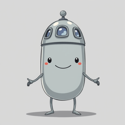Create a high-resolution illustration of a whimsical gray capsule-shaped character with three windows on top and four pointed limbs, set against a neutral gray background, using a Canon EOS 5D Mark IV, with a 50mm f/1.8 lens, aperture set to f/8, ISO 100, and a soft focus effect to enhance details.