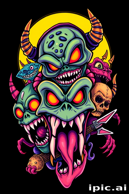 New school tattoo design titled "Neon Nightmares" depicting exaggerated cartoon-style monsters and creatures in vivid, eye-catching colors with bold outlines