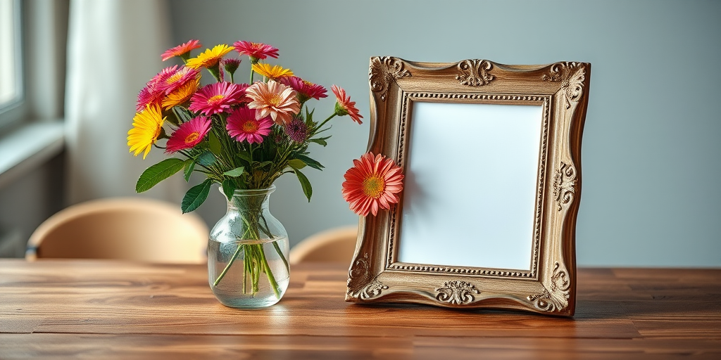 Create a still life image of a decorative frame next to a vase of colorful flowers on a wooden table with a blurred background, using a Canon EOS R5 camera, f/2.8 aperture, ISO 100, 1/60 shutter speed, shot from a 45-degree angle in natural light for enhanced detail and clarity.