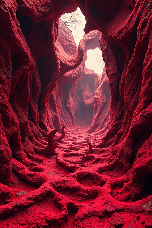 Create a surreal, dark red abstract landscape featuring intricate twisting forms and textures, focus on enhancing depth and dimensionality with soft diffused lighting, use a wide-angle lens at f/8 for increased sharpness, positioned at eye level with a high dynamic range to capture vivid details and contrast.