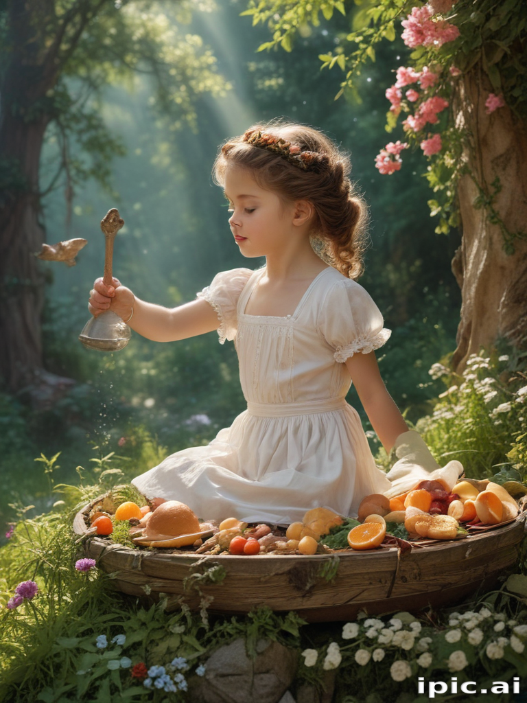 Enchanting Young Girl Playing with Fruits in a Magical Forest Setting