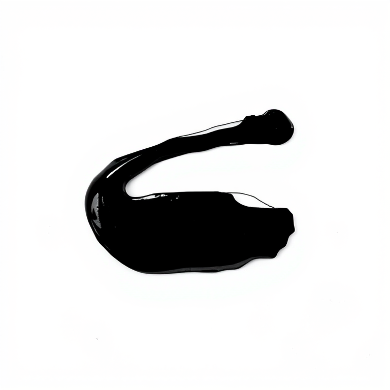 Create an abstract black shape on a plain white background, using a DSLR camera with a 50mm lens, aperture set to f/1.8, ISO 100, captured from a straight-on view with soft, diffused lighting to enhance detail and contrast.