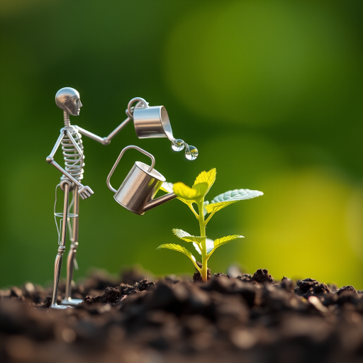A metal figurine of a person, constructed from thin, silver rods, stands on the left side of the image, facing the viewer. The figurine is holding a small watering can and pouring water onto a young plant, with a few droplets in the air. The plant, with lush green leaves, is situated in the center, growing from dark soil. The background is a soft, out-of-focus blur of green, illuminated by warm, natural light.  The composition creates a sense of depth and intimacy. The image evokes feelings of growth, nurture, and hope.