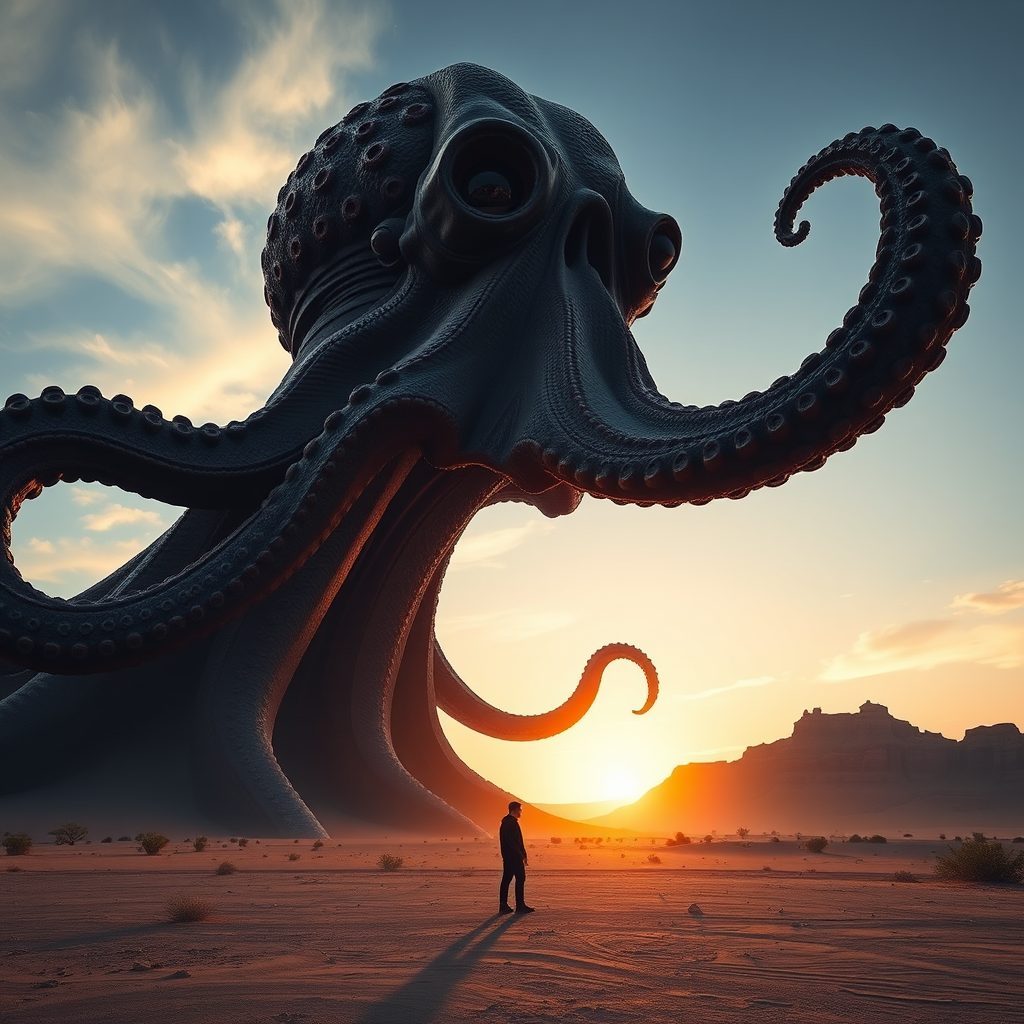 A colossal octopus-like creature towering over a lone figure in a desert landscape during sunset, highly detailed with rich colors and intricate textures, 24mm lens, f/2.8 aperture, ISO 100, shot from a low angle to emphasize the creature's size, using a Canon EOS R5 for high-resolution quality.