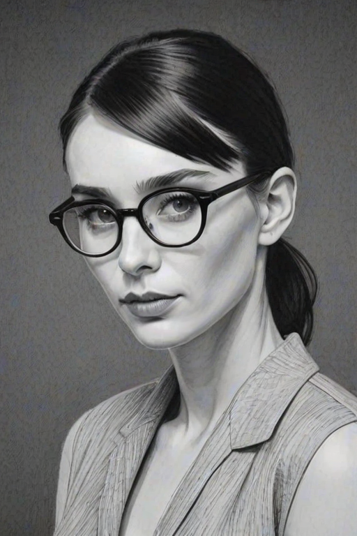 Elegant Rooney Mara, pencil sketch, portrait of Enchanting woman 1961s in glasses, hair style beatnik, outline, clear lines, fine lines, 8k