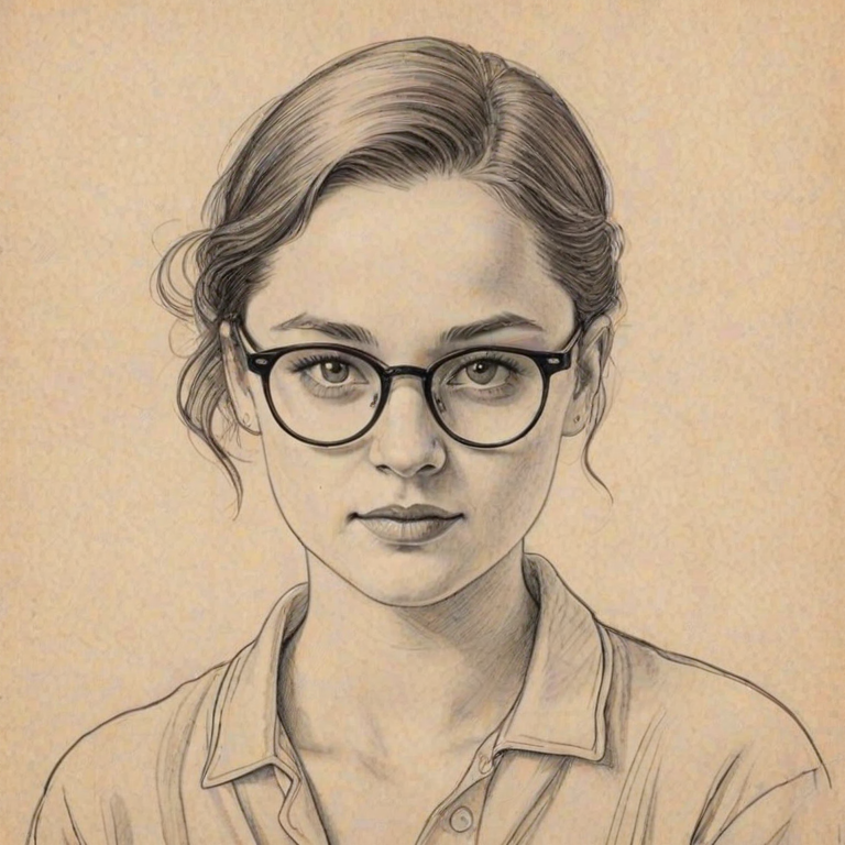 Wonderful Ashleigh Barty, pencil sketch, portrait of Beauteous woman 1933s in glasses, hair style beatnik, outline, clear lines, fine lines, 8k