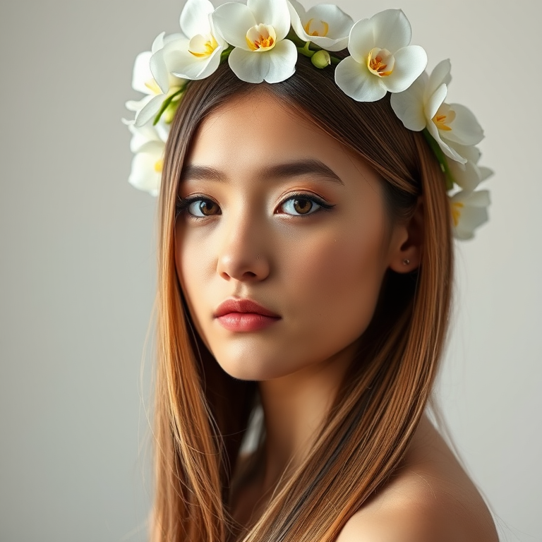 Close-up portrait of a young woman with long straight hair adorned with a floral crown made of white orchids, soft studio lighting, shallow depth of field, ISO 100, f/2.8, 85mm lens, natural skin tones, high resolution, minimalist background.
