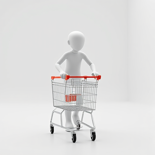 Create a 3D rendering of a humanoid figure pushing a shopping cart in a minimalist white environment, use a 50mm lens, aperture f/8, ISO 100, shot from eye level with soft lighting to enhance details.