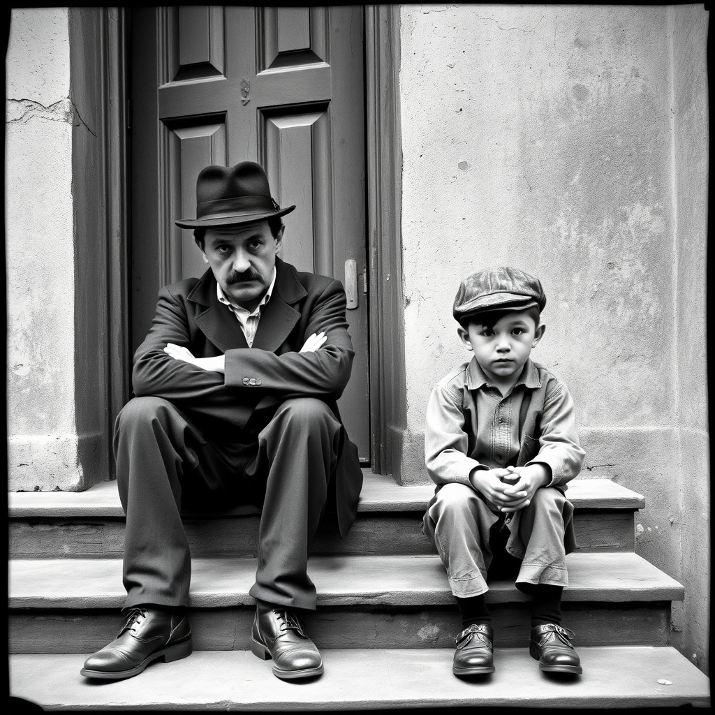 A black-and-white photograph of a man and a child sitting on steps in front of a doorway. The man is dressed as a tramp with a bowler hat, mustache, and ragged clothes, reminiscent of Charlie Chaplin's iconic look. He is sitting with his arms crossed and an expression of slight sadness or frustration. Next to him is a young boy, also in worn clothes and a cap, sitting with his hands clasped, looking thoughtful. The background is an old, textured wall and a partially open door, creating a vintage, early 20th-century atmosphere.