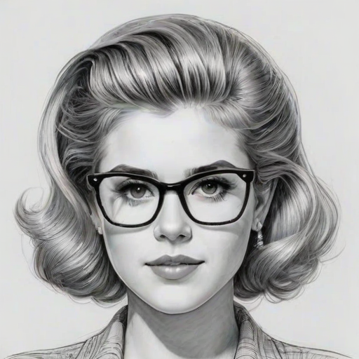 Bewitching Caroline Sunshine, pencil sketch, portrait of Exquisite woman 1954s in glasses, hair style beatnik, outline, clear lines, fine lines, 8k